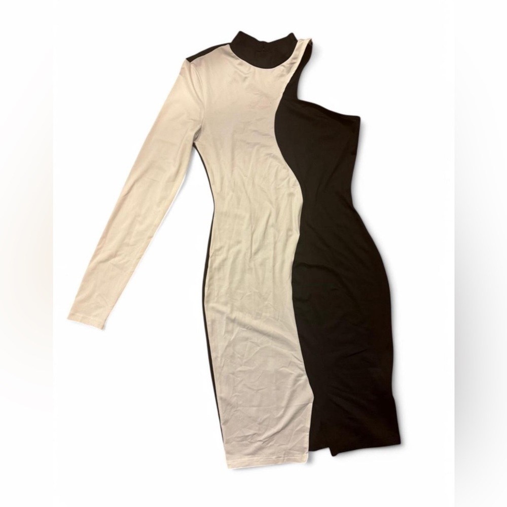 SHEIN Black and White Asymmetrical One Shoulder Bodycon Dress